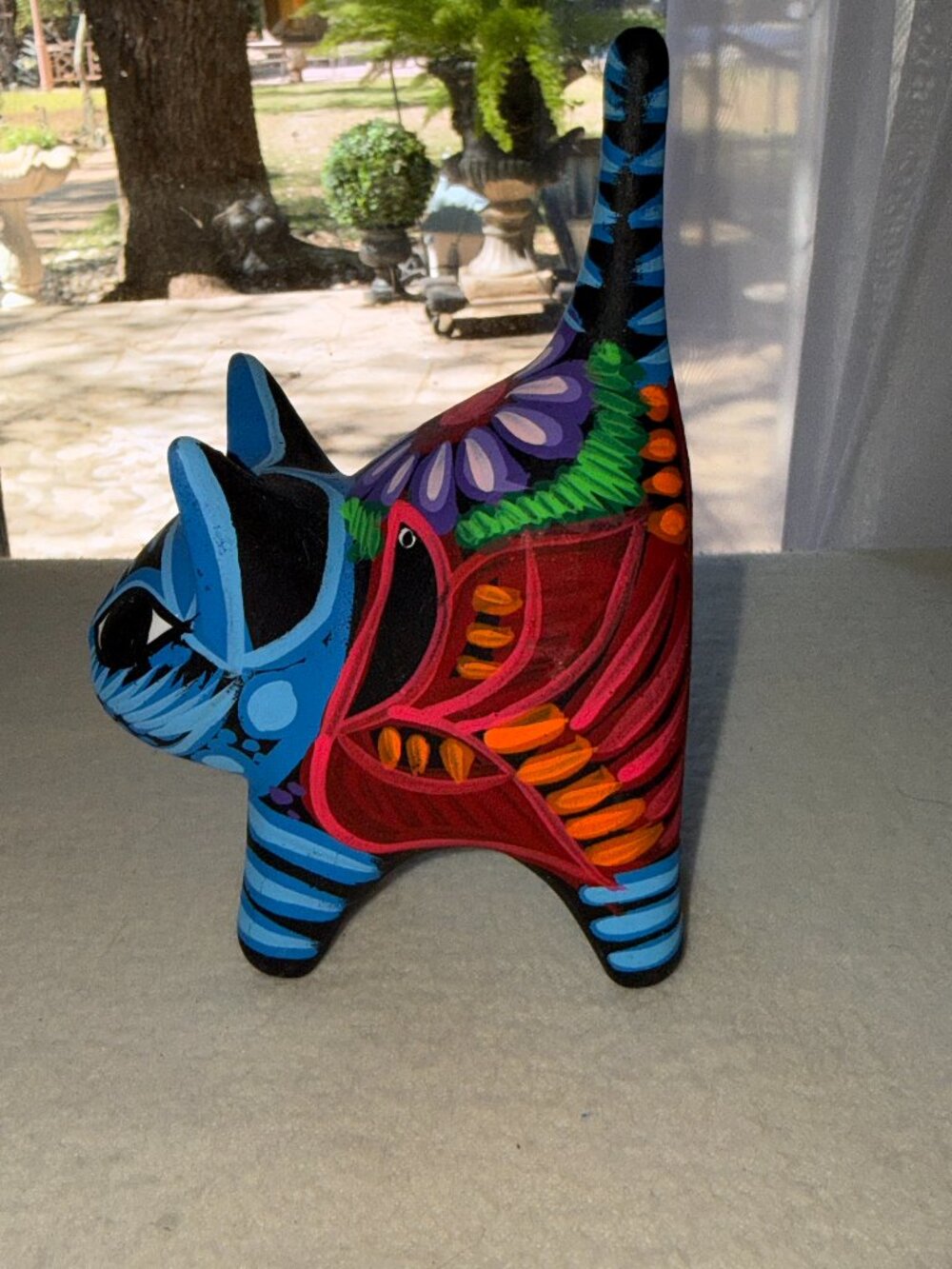 Mexican Clay Pottery Cat Animal Figurine Hand Painted Folk Art Bright NEON MEOW
